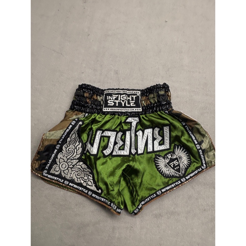 Infightstyle Muay Thai Shorts Green Camo Satin Small Embroidered FS Logo
